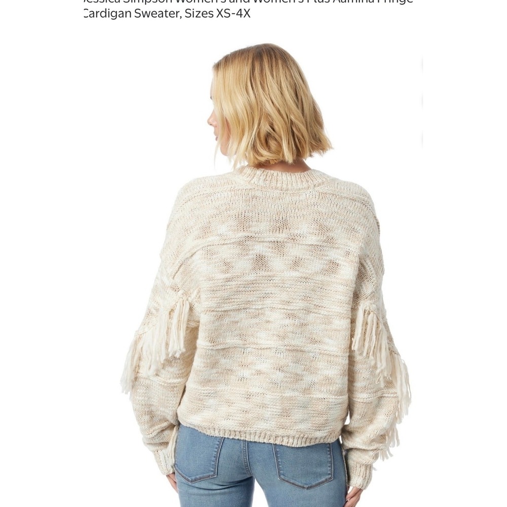 Jessica Simpson Aamina Fringe Cardigan Oatmeal Knit V-Neck Button Front Size L - Picture 2 of 7